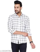 Cotton Blend Checked Shirt for Men, White 
