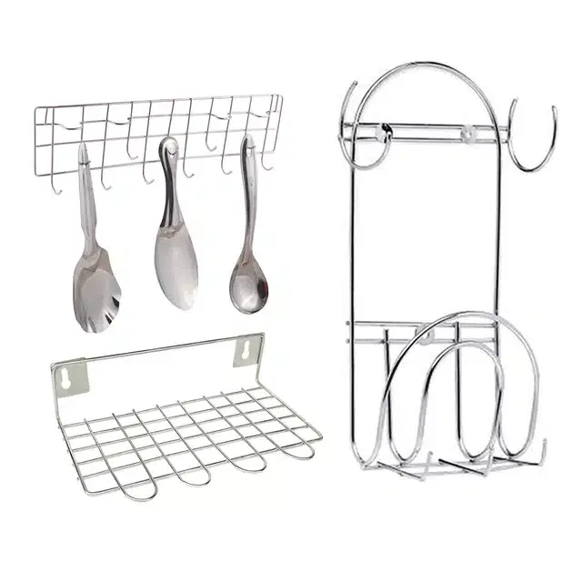 Stainless Steel Chakla Belan Stand & Wall Mounted Ladle Rail with Utensil Stand (Set of 3, Silver)