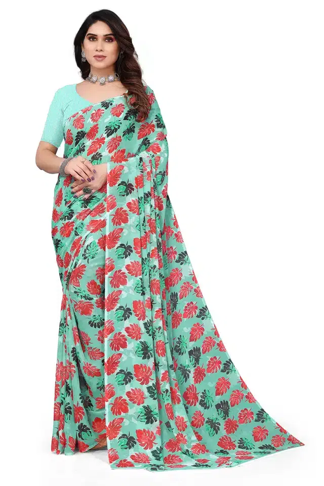 Georgette Printed Saree for Women (Green & Red, 6.3 m)