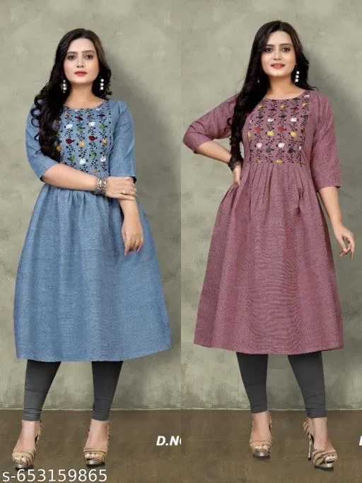 Solid Embroidered Cotton Kurti for Women, Pack of 2 (Blue, M)