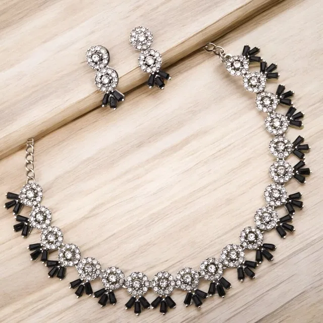 Alloy Choker Necklace with Earrings for Women (Silver & Black, Set of 1)