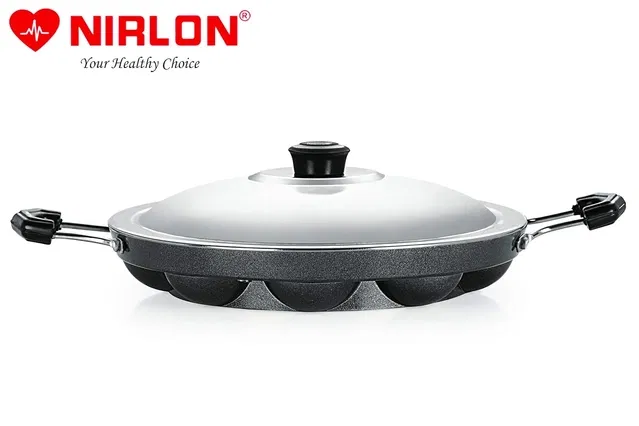 Nirlon Aluminium Appam Maker with Lid (Black & Silver, 22.5 cm)