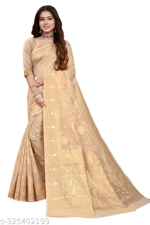 Cotton Zari Woven Saree for Women (Beige, 6.3 m)