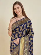 Litchi Silk Floral Saree for Women, Navy Blue 