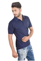 Poly Cotton Solid Polo Neck T-Shirt for Men, Navy Blue 