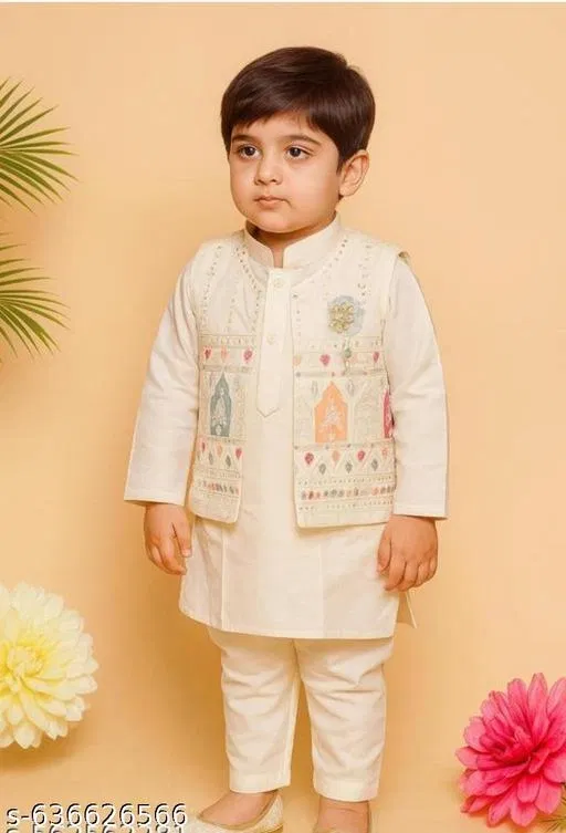 RK TRADERS Kalamkari Embroidered Cotton Kurta Set for Boys (White, 6-12 Months)