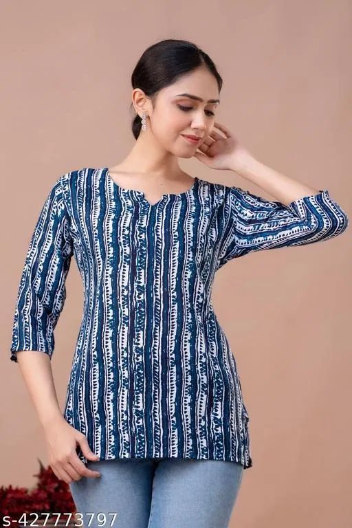 Cotton Printed Short Kurti for Women, Blue (M)