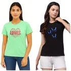 Cotton Blend T-shirt for Women, Green & Black, Pack of 2 