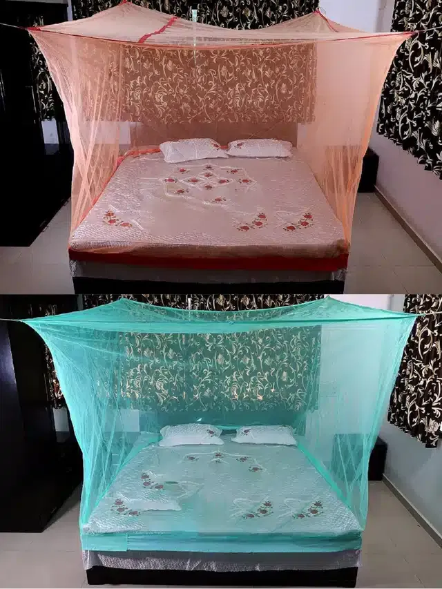 Polyester Double Bed Mosquito Net (Pack of 2) (Orange & Green, 6x6 feet)