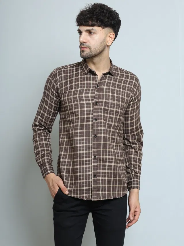 Full Sleeves Checked Shirt for Men (Brown, S)