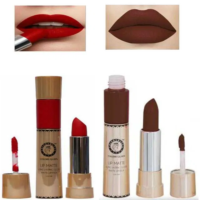 Combo of 1 Colors Queen Lip Matte Red 2 In 1 24 Hour Long Lasting Gloss And Matte Lipstick (6&2 g) & 1 Colors Queen Lip Matte Coffy 2 In 1 24 Hour Long Lasting Gloss And Matte Lipstick (6&2 g) (R880)