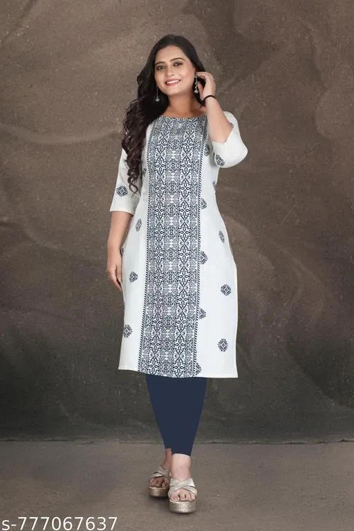 Ethnic Motif Cotton Kurti for Women (White, XXL)