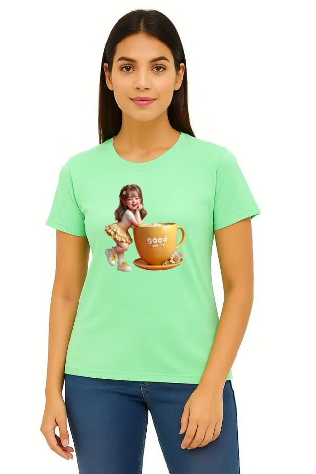Cotton Blend Printed T-shirt for Women, Green (XL)