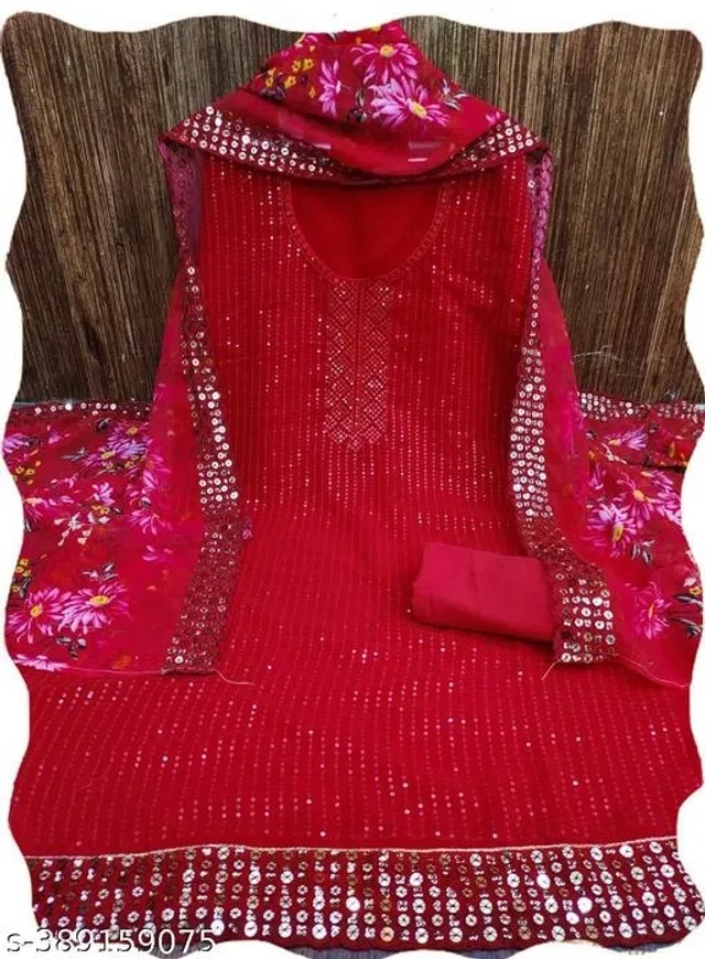 Embroidered Unstitched Suit for Women (Red, 2.25 m)