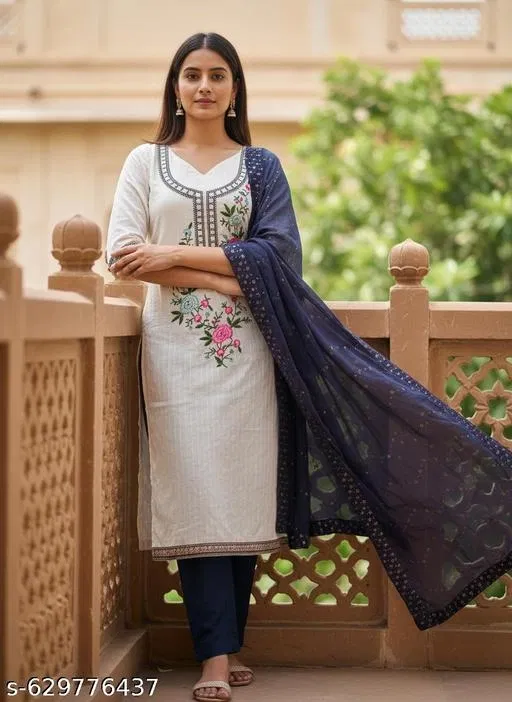 Embroidered Floral Palazzo Suit Set (Multicolor, 7.05 meter for Women (4XL)