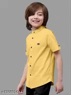 Solid Cotton Blend Mandarin Collar Short Sleeve Shirt for Boys 