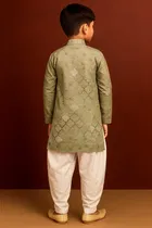 Cotton Blend Printed Kurta with Dhoti for Boys, Green & White 