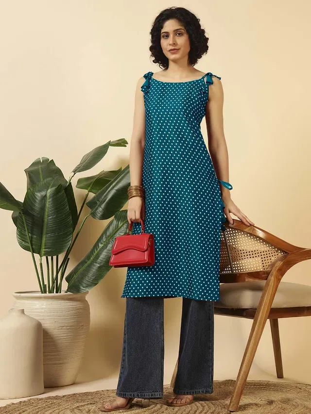 Sleeveless Kurti for Women (Blue, L)