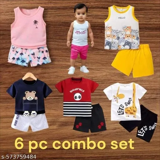Hosiery Cotton Printed Clothing Set for Kids, Multicolor, Pack of 6 (6-9 Months)