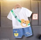 Cotton Blend Printed Clothing Set for Boys (White & Blue, 0-6 Months)