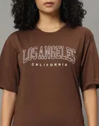 Chest Print Cotton Blend T-Shirts for Women, Brown 