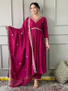 Embroidered Vichitra Silk Kurta Set for Women 