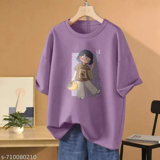 Cotton Blend Printed T-shirt for Women, Purple (L)
