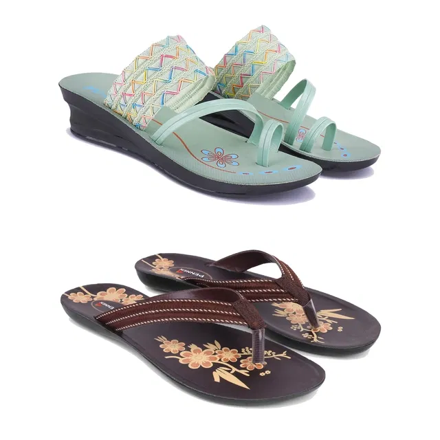 Sandals for Women (Mint Green & Brown, 7) (Pack of 2)