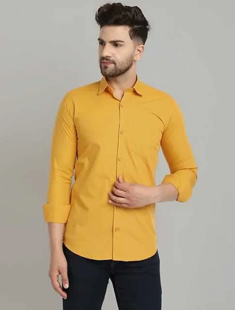 Casual Men's Solid Shirt (Yellow, L) (DC-24)