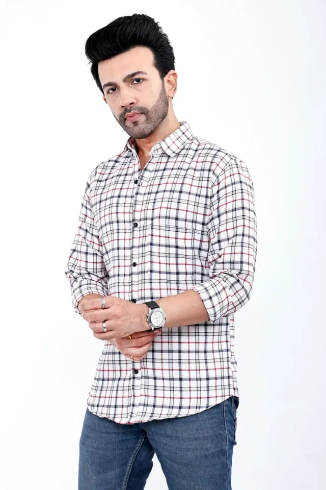 Cotton Blend Checked Shirt for Men, White (XL)