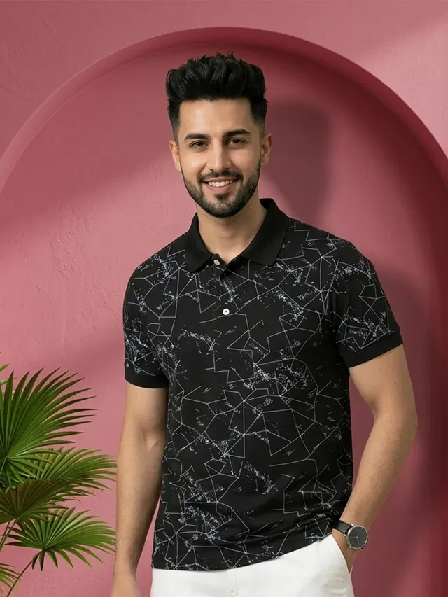 Printed Polo T-shirt for Men (Black, M)