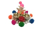 Metal Decorative Ganpati Haldi Kumkum Stand with 2 Roli Chawal Holder, Multicolor