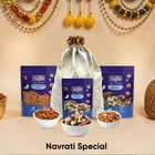 Designer Potli + Navguni Almond Nonpareil 200 g + Navguni Super 7 Nutty Mix 175 g + Navguni Panchmeva Prasadam 125 g