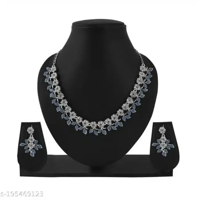 Alloy Necklace with Earrings for Women (Blue & Silver, Set of 1)