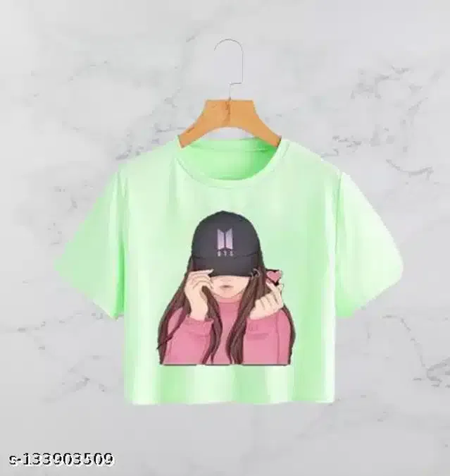 Printed Crop T-shirt for Women (Mint Green, L)