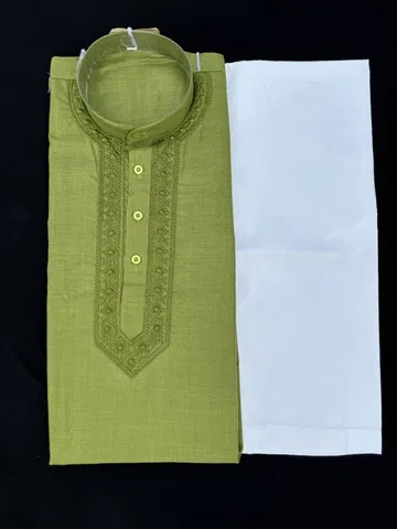 Cotton Full Sleeves Embroidered Kurta Set for Men (Green & White, L)