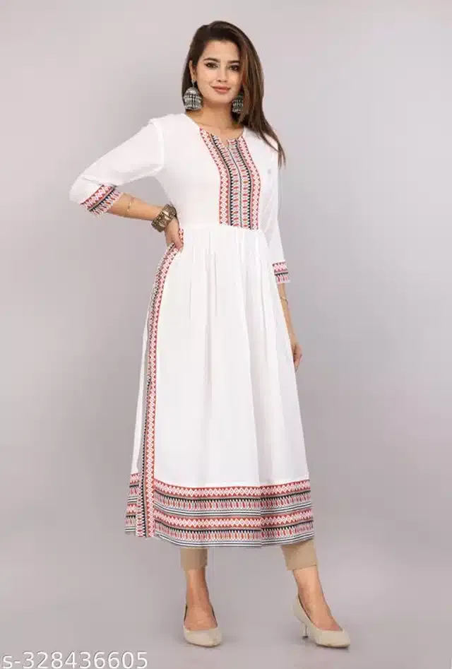Anarkali Rayon Embroidered Kurti for Women (White, S)