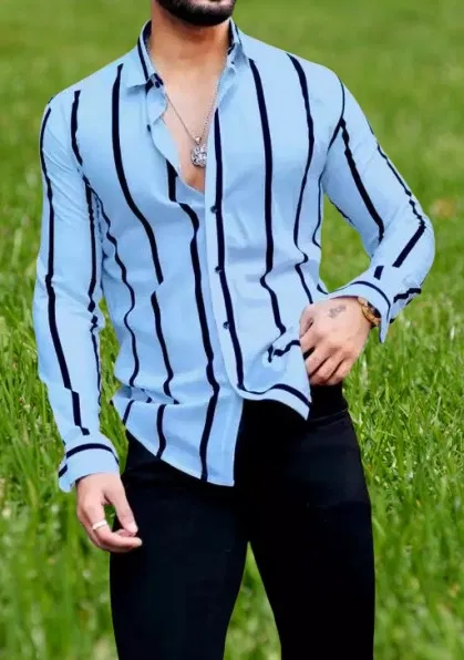 Lycra Printed Shirt For Men, Blue (L)