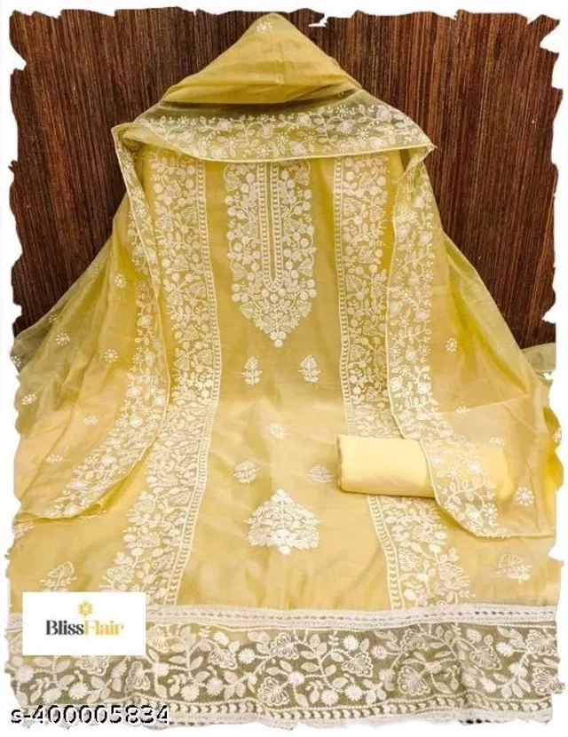 Embroidered Unstitched Suit for Women (Yellow, 2.25 m)