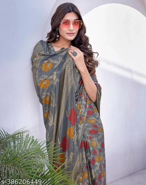 Chiffon Printed Saree for Women, Grey (6.3 m)