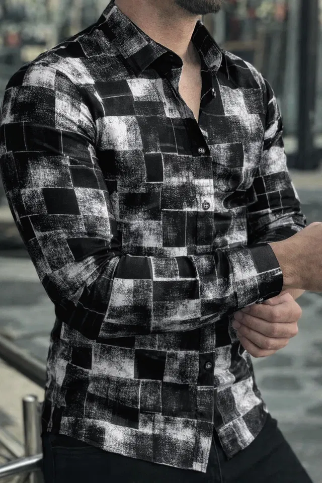 Lycra Geometric Print Shirt for Men, Grey (S)