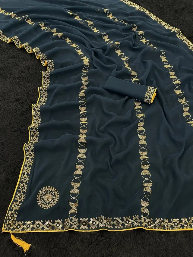 Crepe Solid Saree for Women (Blue, 6.3 m)