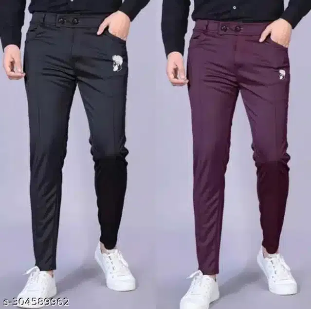 Lycra Track Pants for Men (Black & Wine, 32) (Pack of 2)