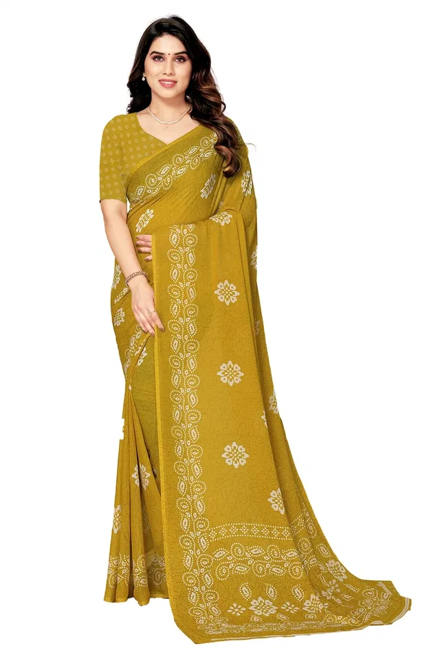 Georgette Printed Saree for Women (Yellow, 6.3 m)