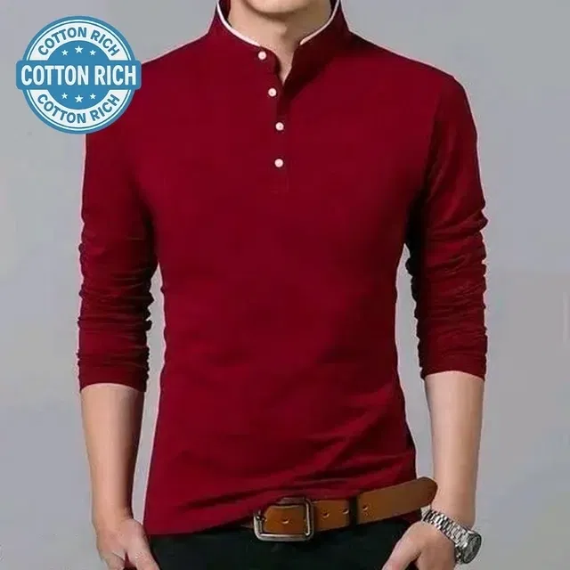 Cotton Blend Mandarin Collar Solid T-Shirt for Men (Maroon, M)