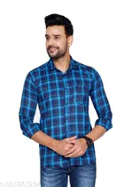 Cotton Blend Checked Shirt for Men, Blue 