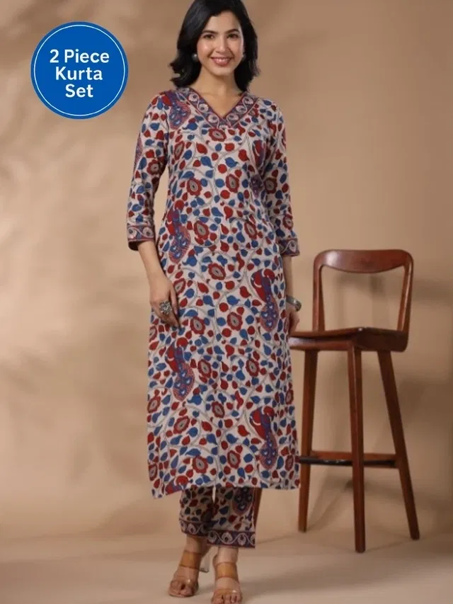 Rayon Floral Print Women's Kurta with Pant Set (Multicolor, L)
