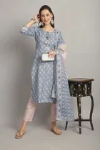 Cotton Printed Kurti with Bottom & Dupatta Set for Women 