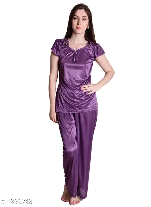Satin Nightsuit Set for Women (Purple, XL)
