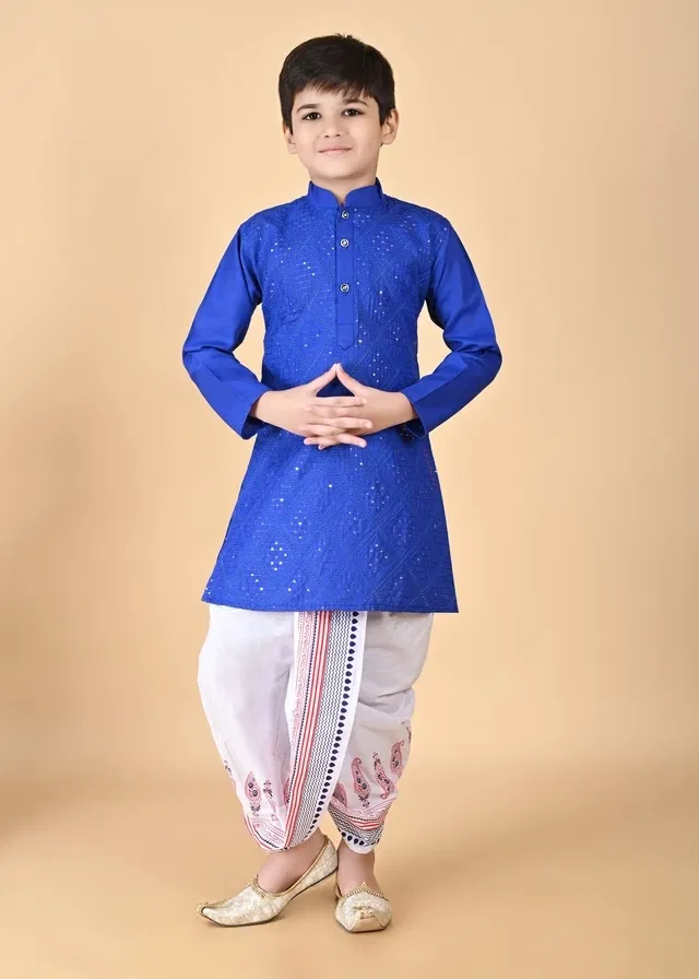 Cotton Blend Embellished Kurta with Dhoti for Boys, Blue & White (7-8 Years)